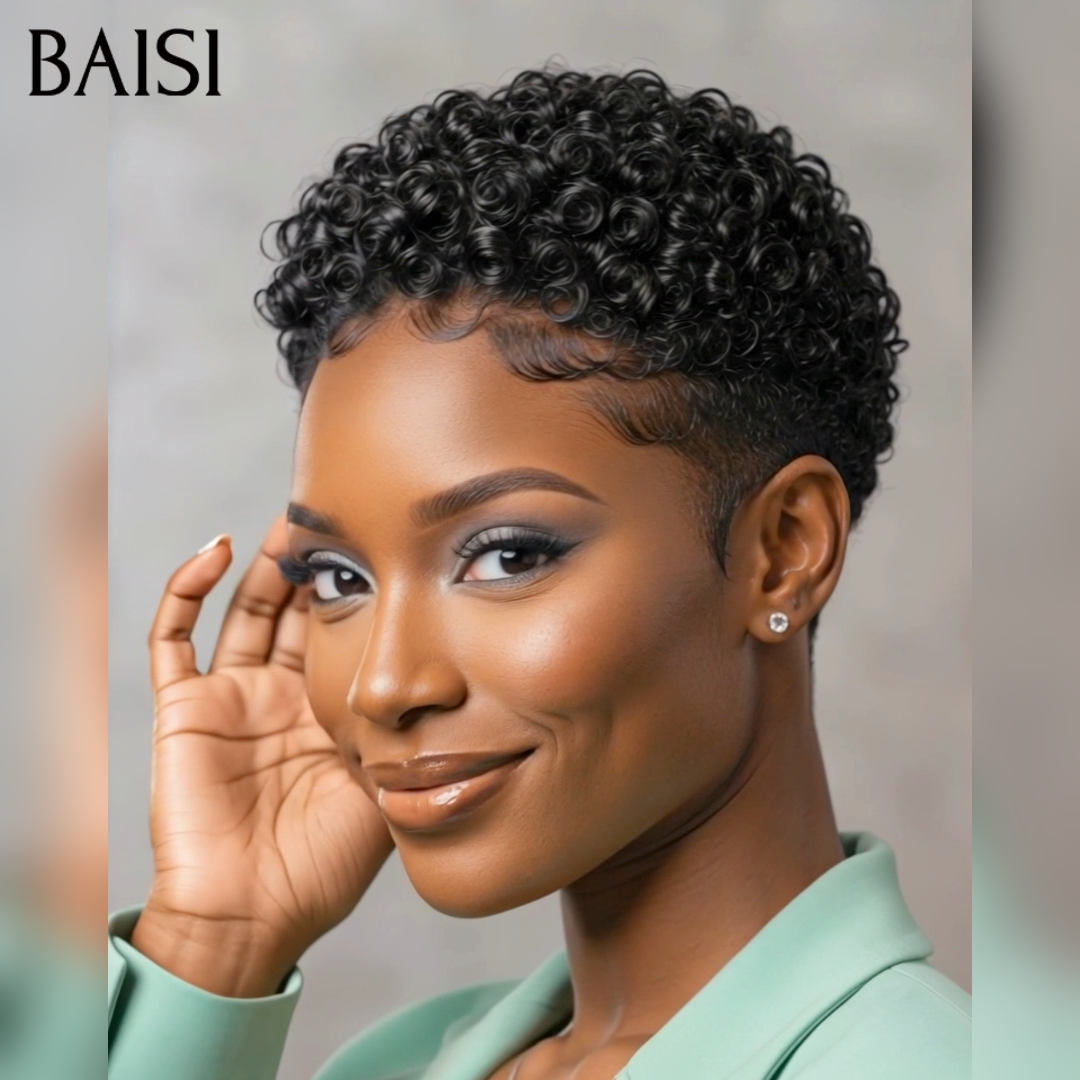 BAISI 13x4 Lace Perruque Déjà Coiffée Pixie Curly Courte Noir 74€ Seulement Coupe Garçon 100% Identique Déjà Prête A Porter en 100% Cheveux humains