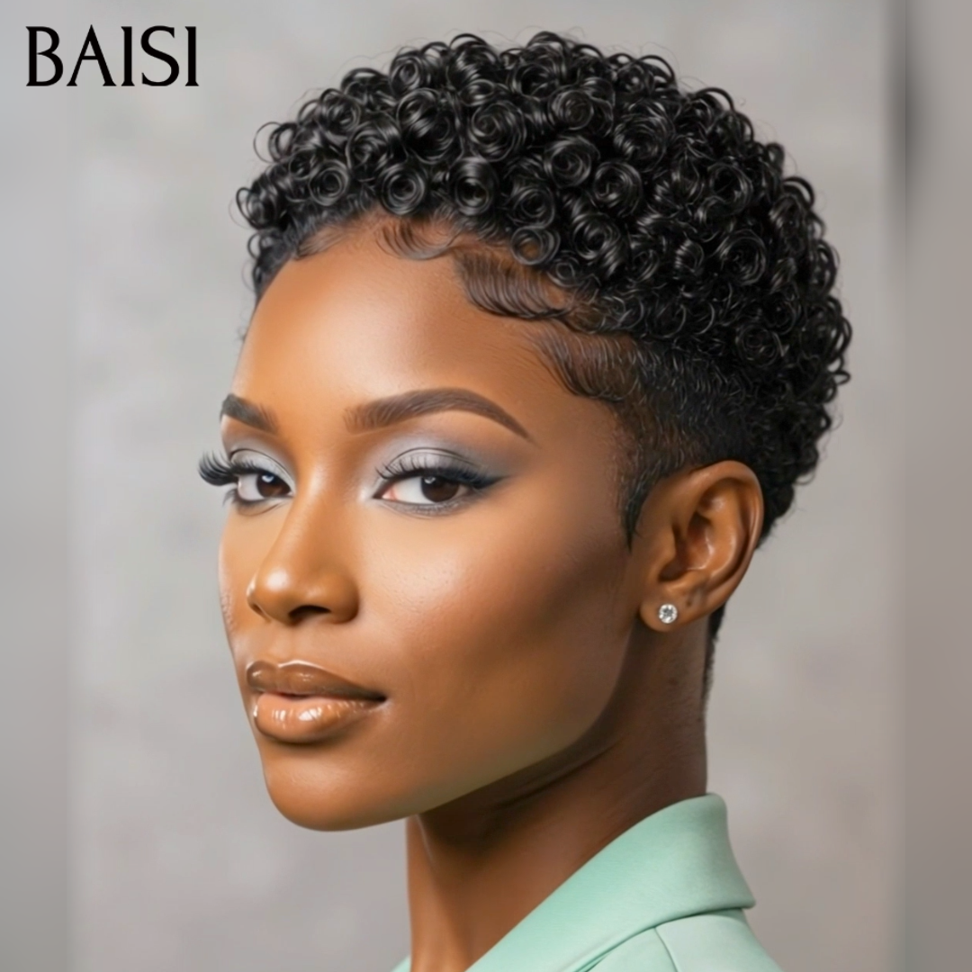 BAISI 13x4 Lace Perruque Déjà Coiffée Pixie Curly Courte Noir 74€ Seulement Coupe Garçon 100% Identique Déjà Prête A Porter en 100% Cheveux humains