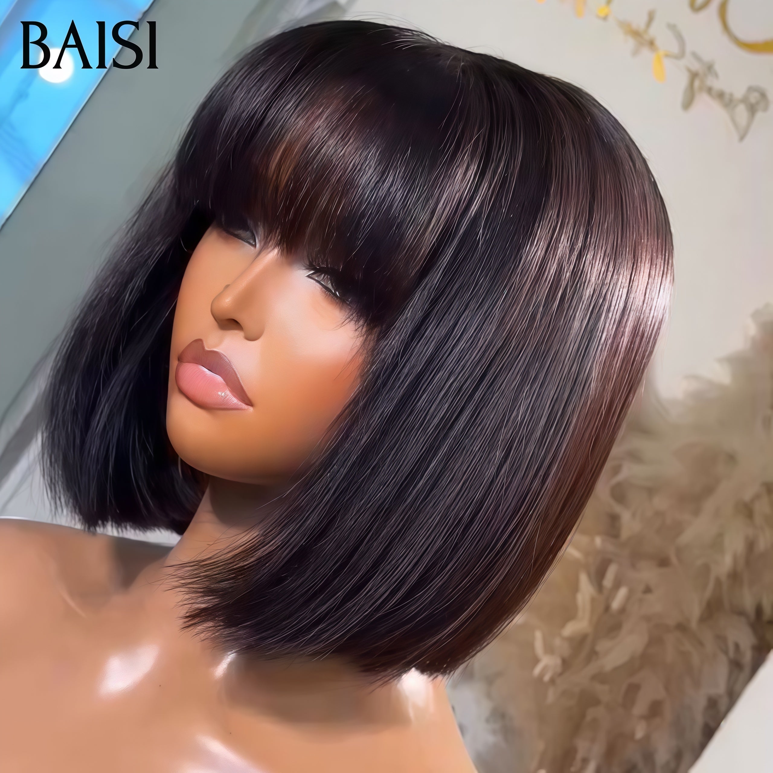 BAISI Moitié Prix Bob Lisse avec Frange 8 Pouces 200% densité noir sans lace en 100% Cheveux Humains fabriqué à la machine MP50