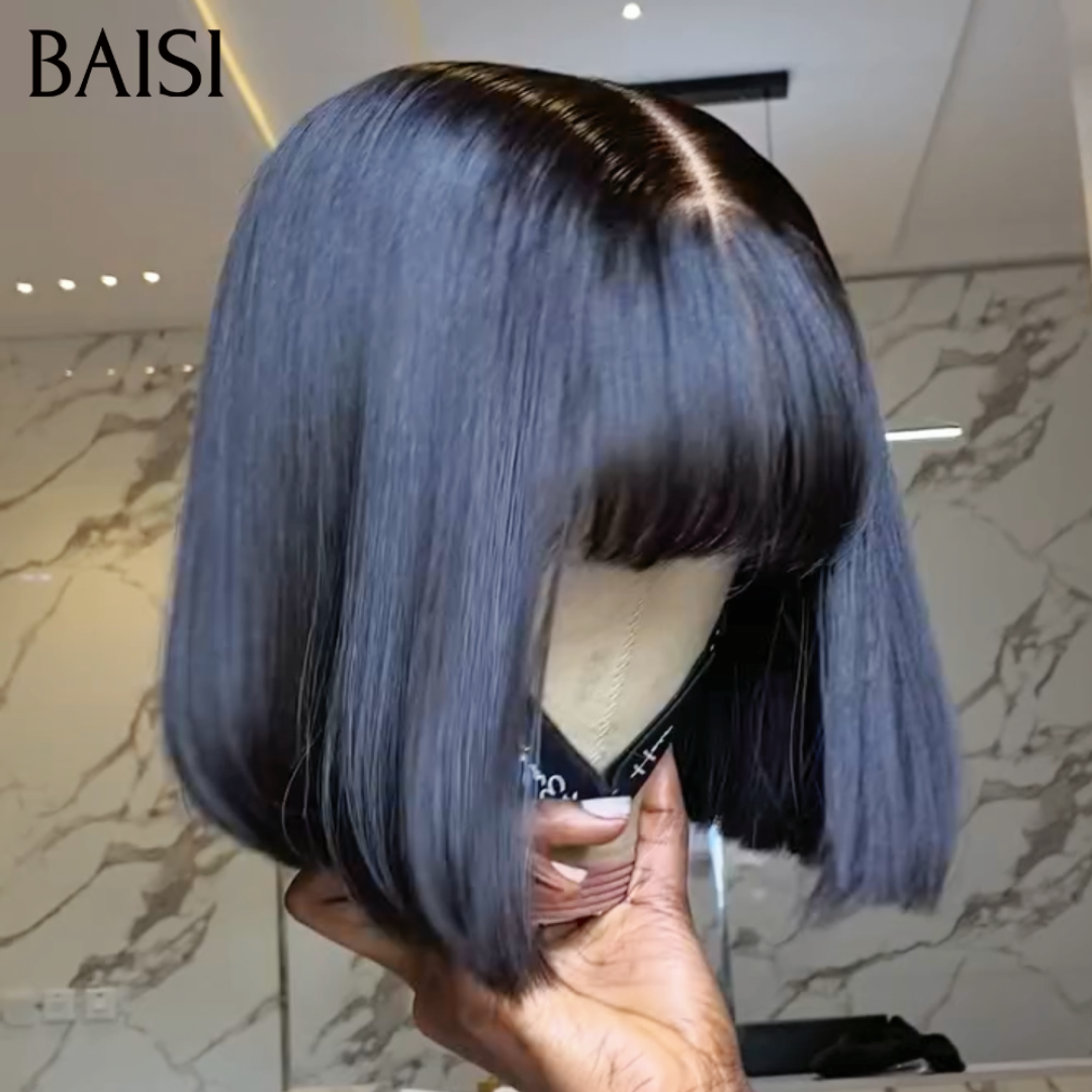 BAISI Perruques de Luxe Lisse avec Frange Fabriquées par les cheveux double drawn avec la raie naturel au mileux B Vietnam Hair 250% densité plus de 20 ans d' utilisations MP50