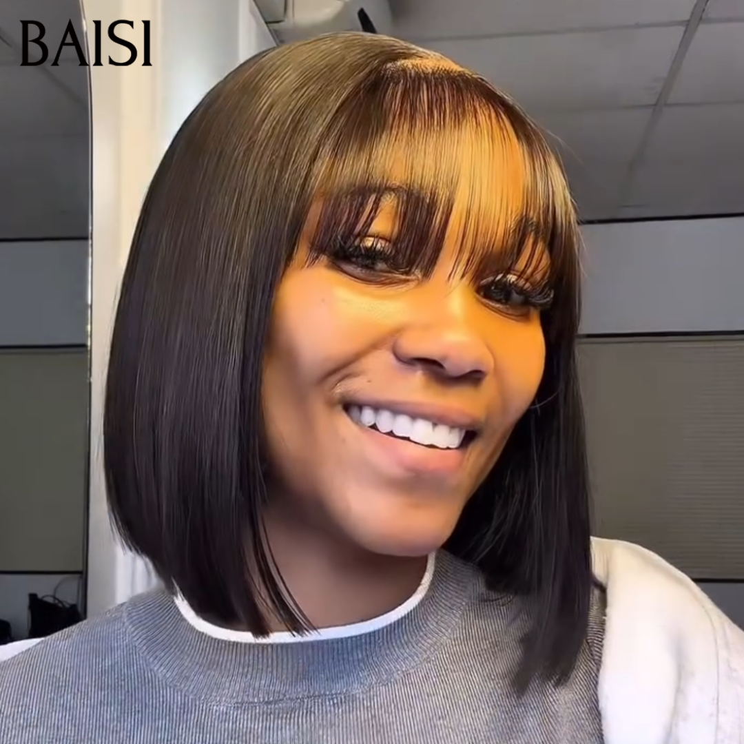 BAISI Perruque Bob Lisse avec Frange 8 Pouces 88€ 100% Vietnam Hair SDD Bone Straight TOP Qualité en Couleur Noir 1B# 100% cheveux humains
