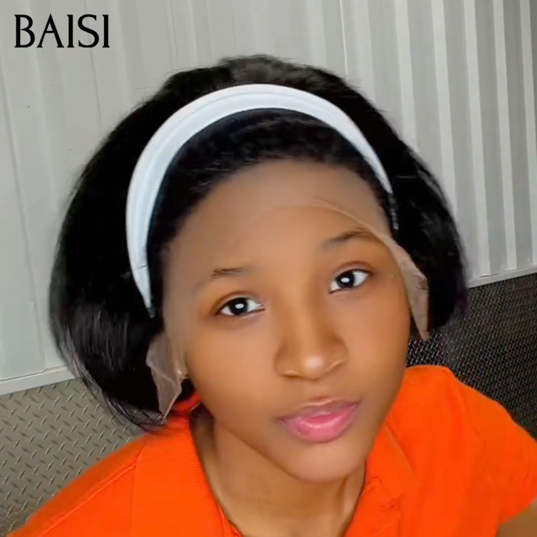 BAISI 13x4 Lace Frontal Perruque Pixie Courte Lisse 82€ Cheveux Très Bonne Qualité Couleur Noir Beaucoup de Volume en 100% Cheveux Humains