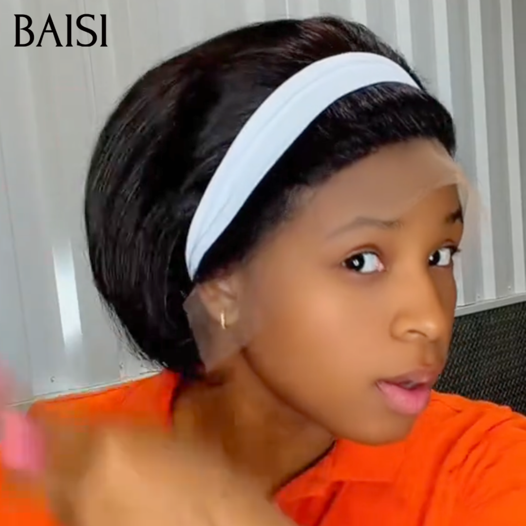 BAISI 13x4 Lace Frontal Perruque Pixie Courte Lisse 82€ Cheveux Très Bonne Qualité Couleur Noir Beaucoup de Volume en 100% Cheveux Humains