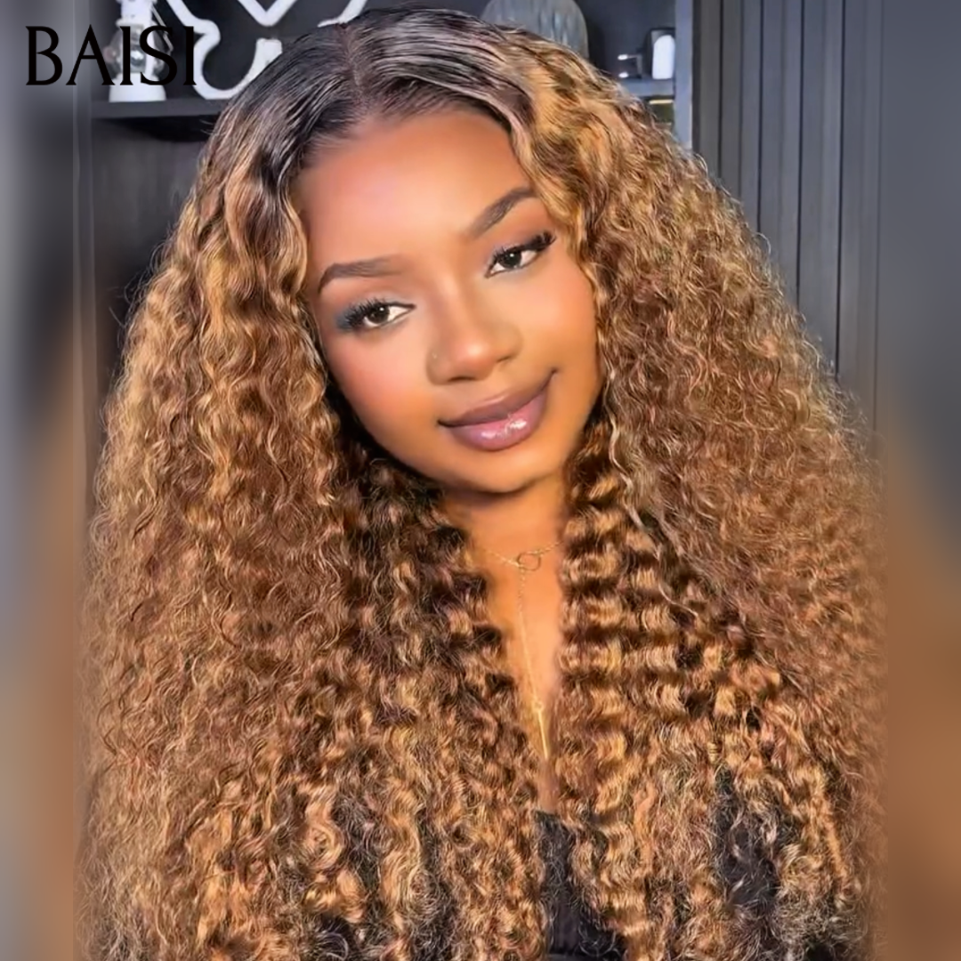 BAISI 13x4 Lace Perruque Curly Wave Bouclée Couleur Noir Miel 4/27# Qualité Garantie Prix Très Abordable en 100% cheveux humains
