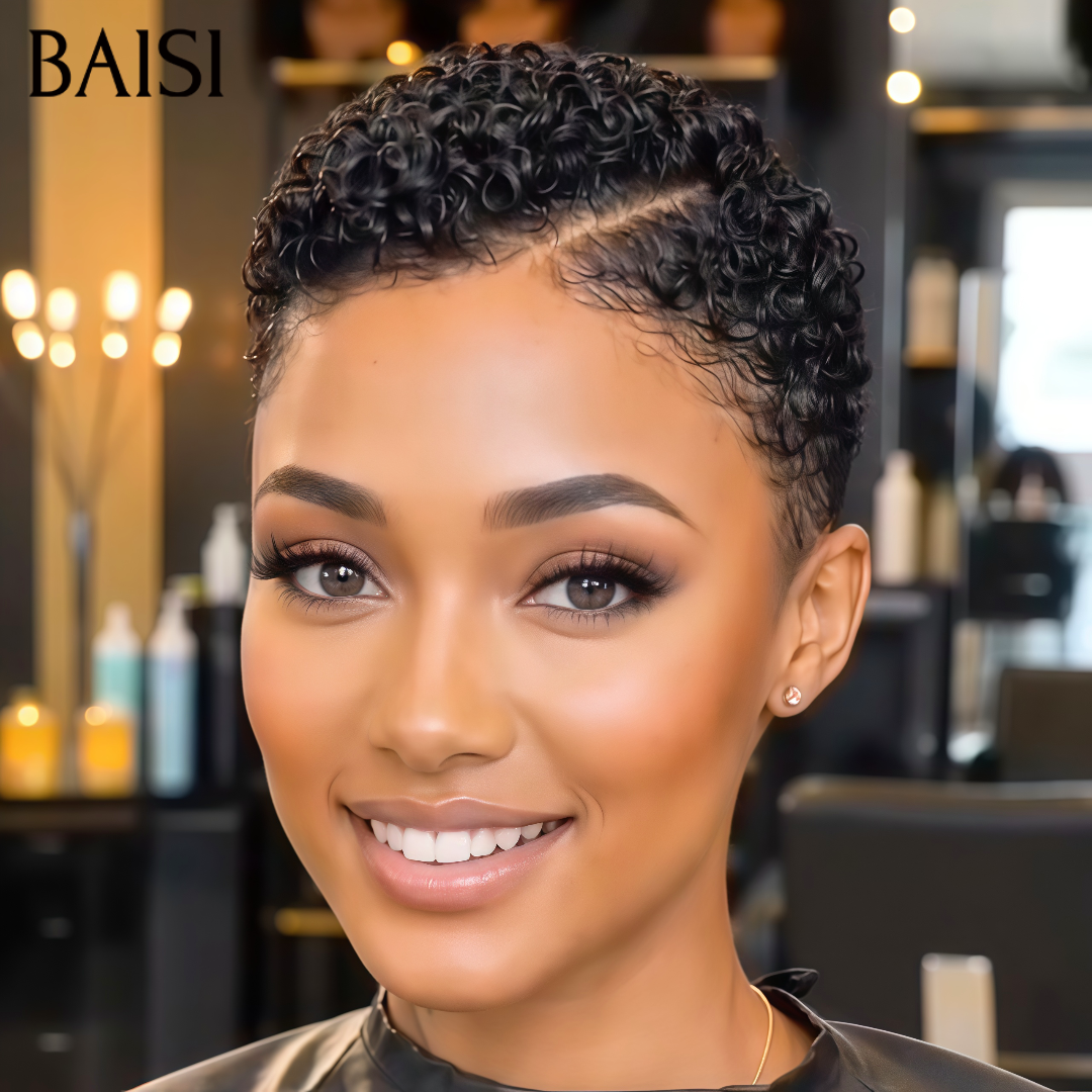 BAISI Full Lace Perruque Pixie Courte Déja Coiffée 100% Identique Dentelle Pleine 109€ Indispensable Contre la Chaleur en 100% Cheveux humains