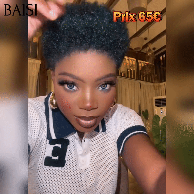 BAISI Perruque Pixie Afro Curl 13x4 lace frontal bouclé partout Noir en 100% cheveux humains F-905