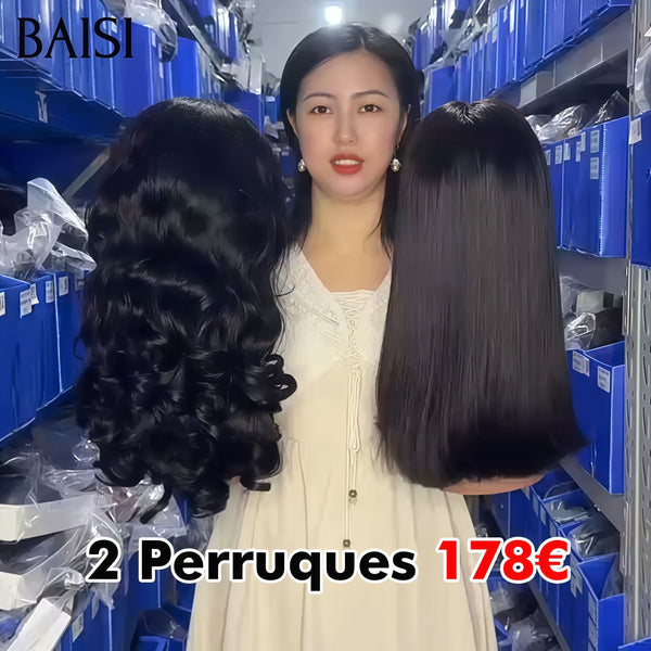 BAISI Lot de 2 perruques 178€ 13X4 lace frontal 14 Pouces Lisse NOIR ou 13X4 lace frontal egg wave en 100% vrais cheveux humains