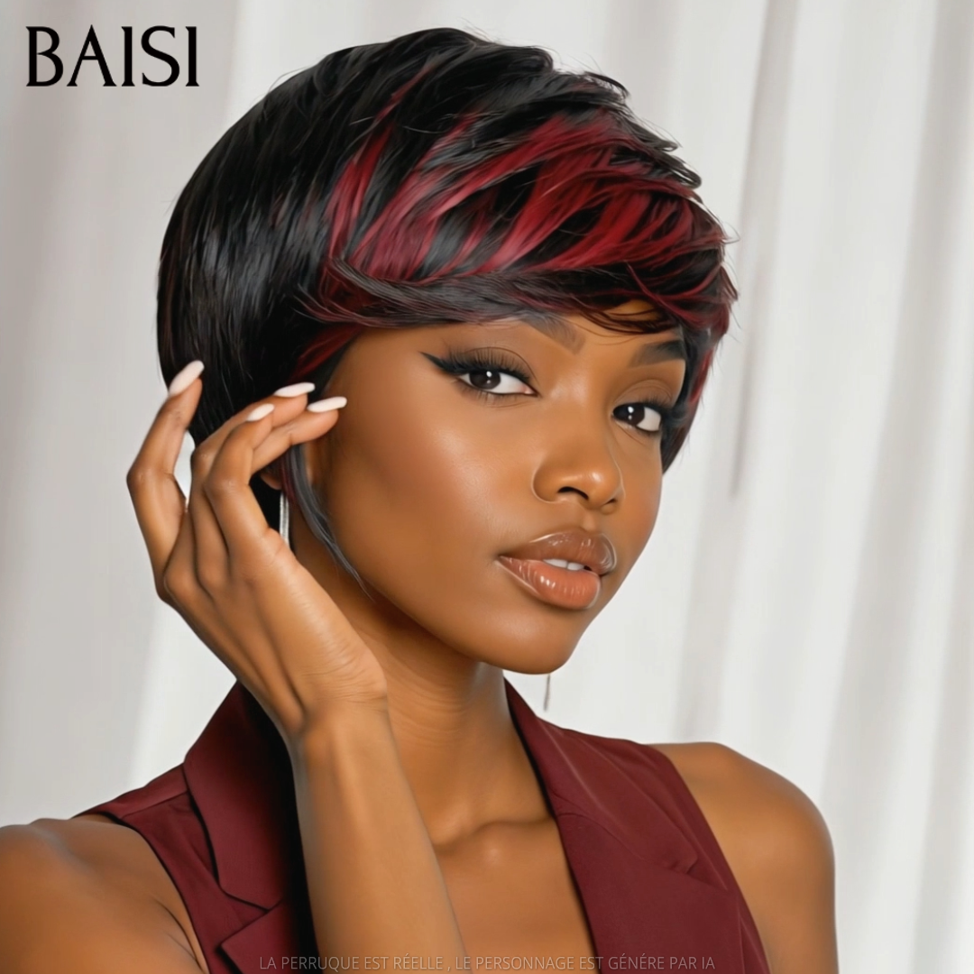BAISI Perruque Pixie Courte 68€ En couleur Noir mèches Rouge Sans Colle Sans Lace Haute Qualité En 100% Cheveux Humains