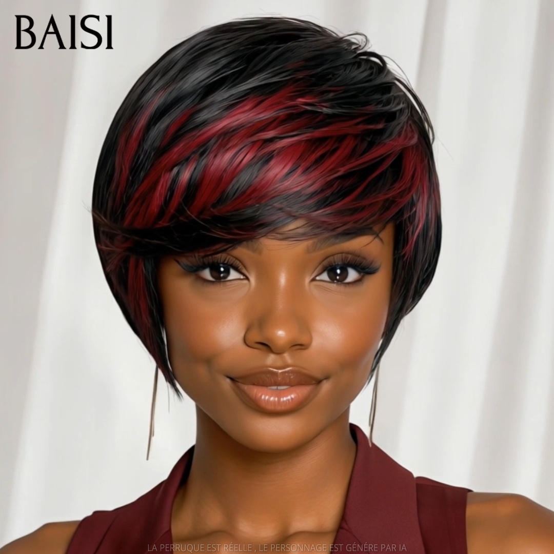 BAISI Perruque Pixie Courte 68€ En couleur Noir mèches Rouge Sans Colle Sans Lace Haute Qualité En 100% Cheveux Humains