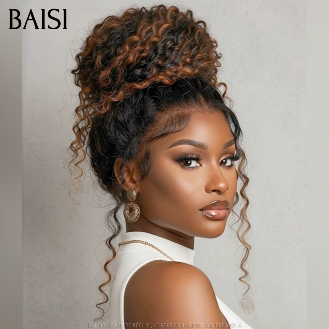 BAISI 13x4 Lace Perruque Déjà Coiffée Curly Couleur Noir et Marron 18pouces 129€ Très charmante et Contre Chaleur en 100% Cheveux humains