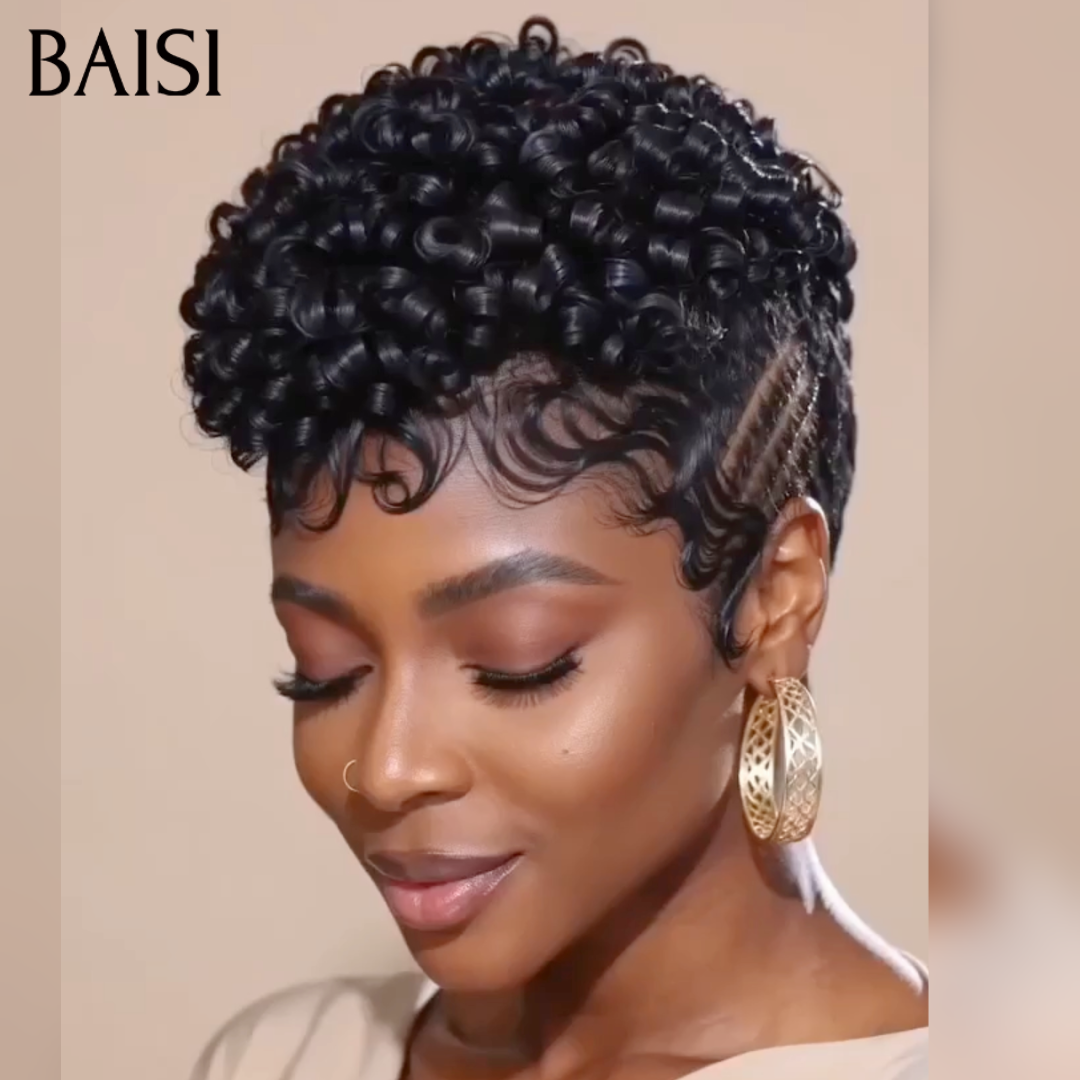 BAISI 13X4 Lace Perruque Pixie Curly Déjà Coiffée En Couleur Noir 1B# Contre Chaleur et Elégante En 100% Cheveux Humains