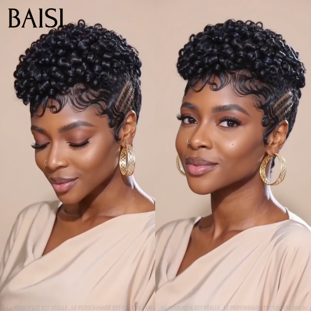 BAISI 13X4 Lace Perruque Pixie Curly Déjà Coiffée En Couleur Noir 1B# Contre Chaleur et Elégante En 100% Cheveux Humains