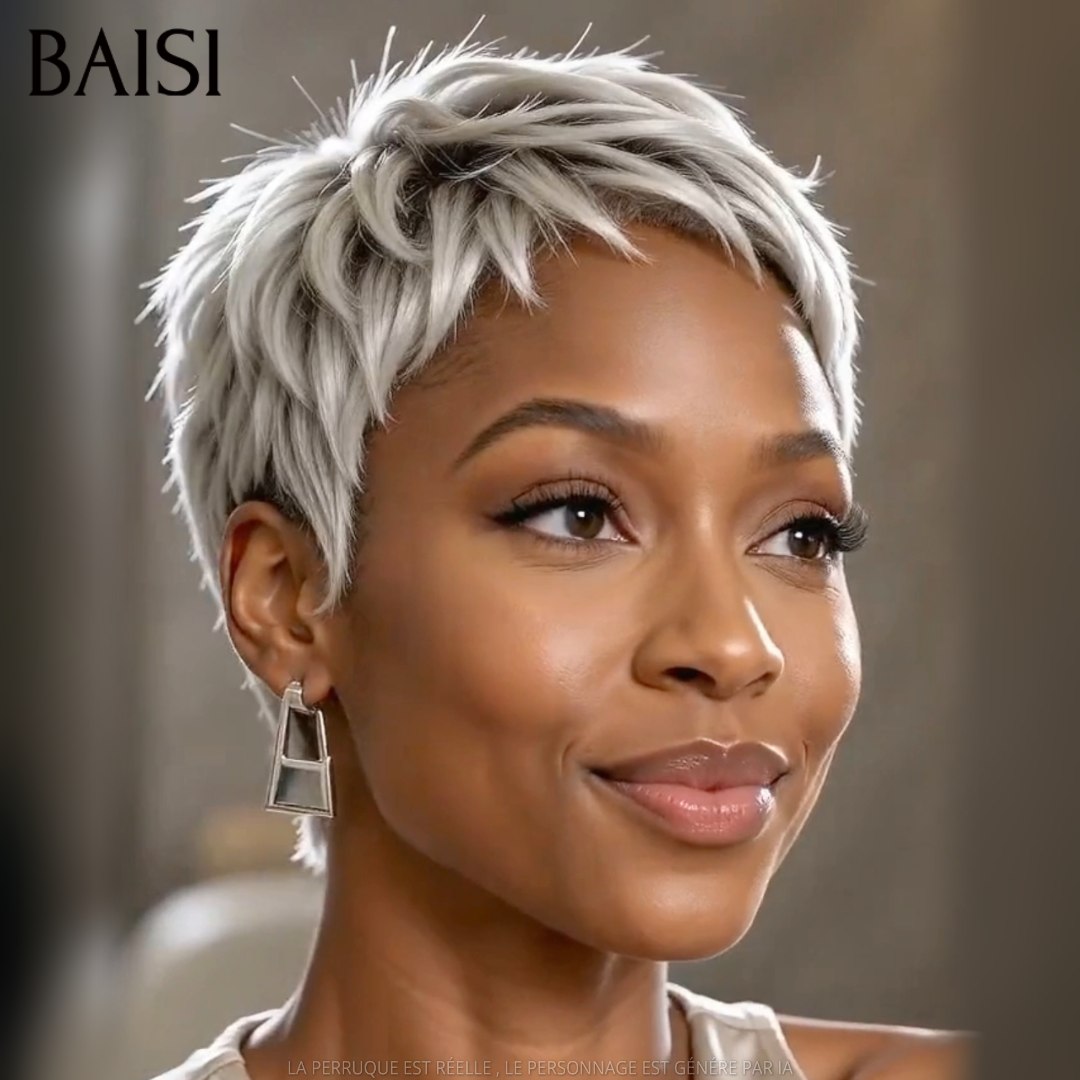 BAISI Collection Poivre et Sel Perruque Pixie Lisse Courte 82€ En couleur #Gris Pour les Agées En 100% Vrais Cheveux Humains