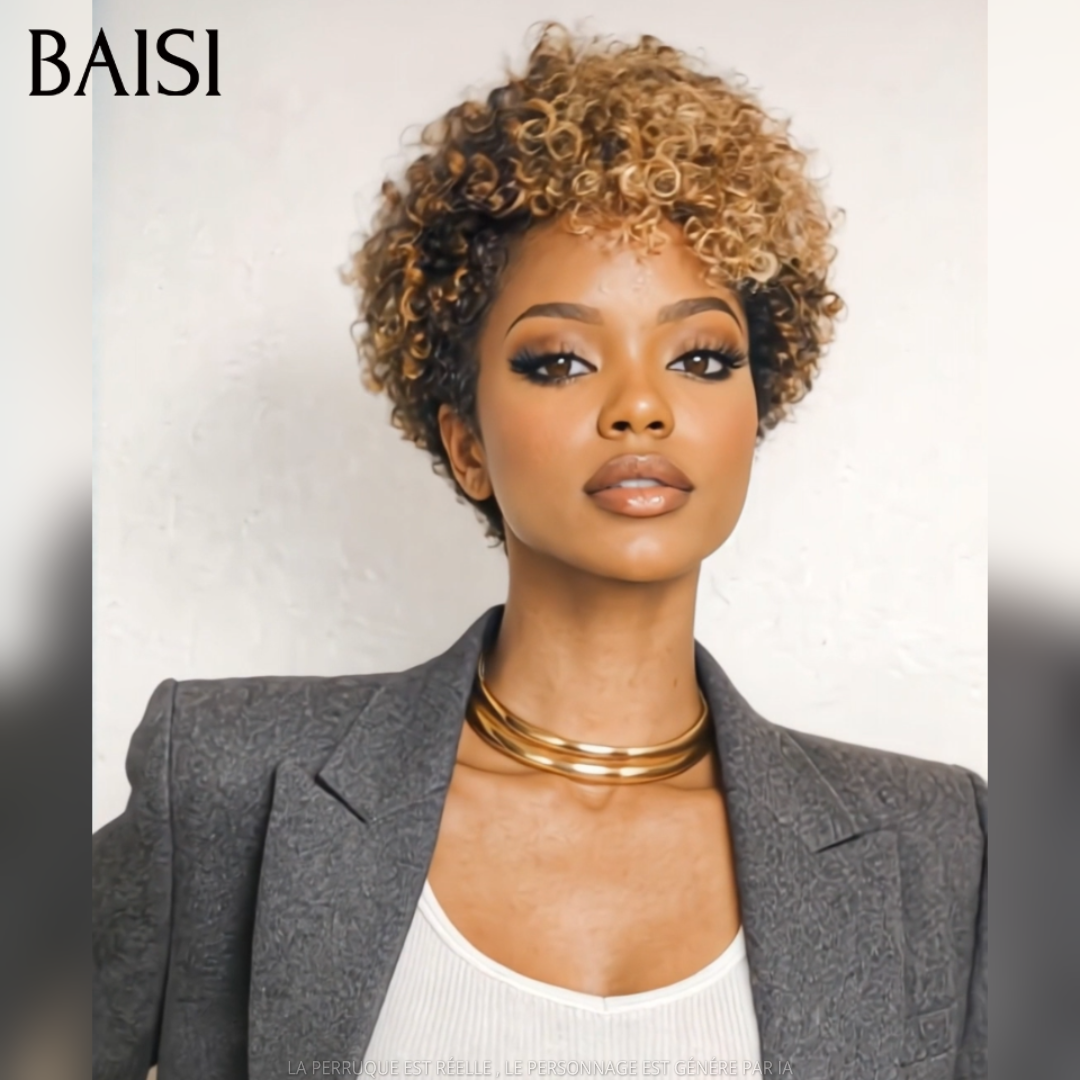 BAISI Perruque Pixie 68€ sans Colle curly wave En Couleur Mixte Miel en 100% Cheveux Humains C