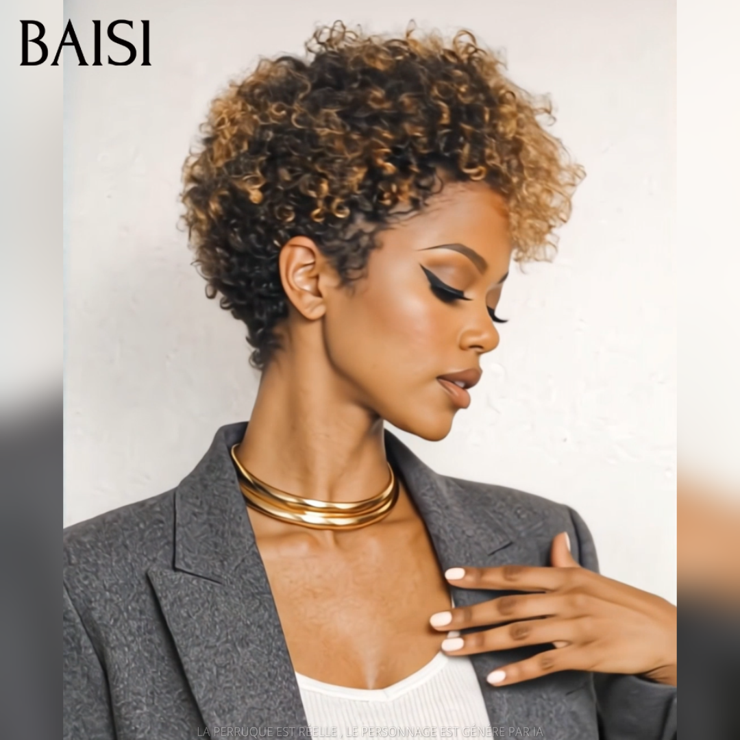 BAISI Perruque Pixie 68€ sans Colle curly wave En Couleur Mixte Miel en 100% Cheveux Humains C