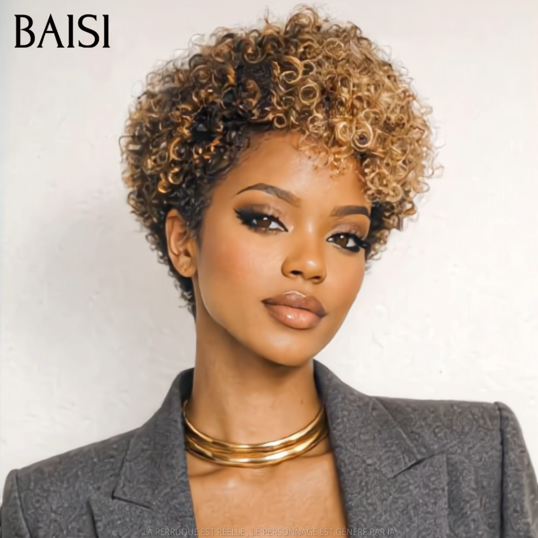 BAISI Perruque Pixie 68€ sans Colle curly wave En Couleur Mixte Miel en 100% Cheveux Humains C