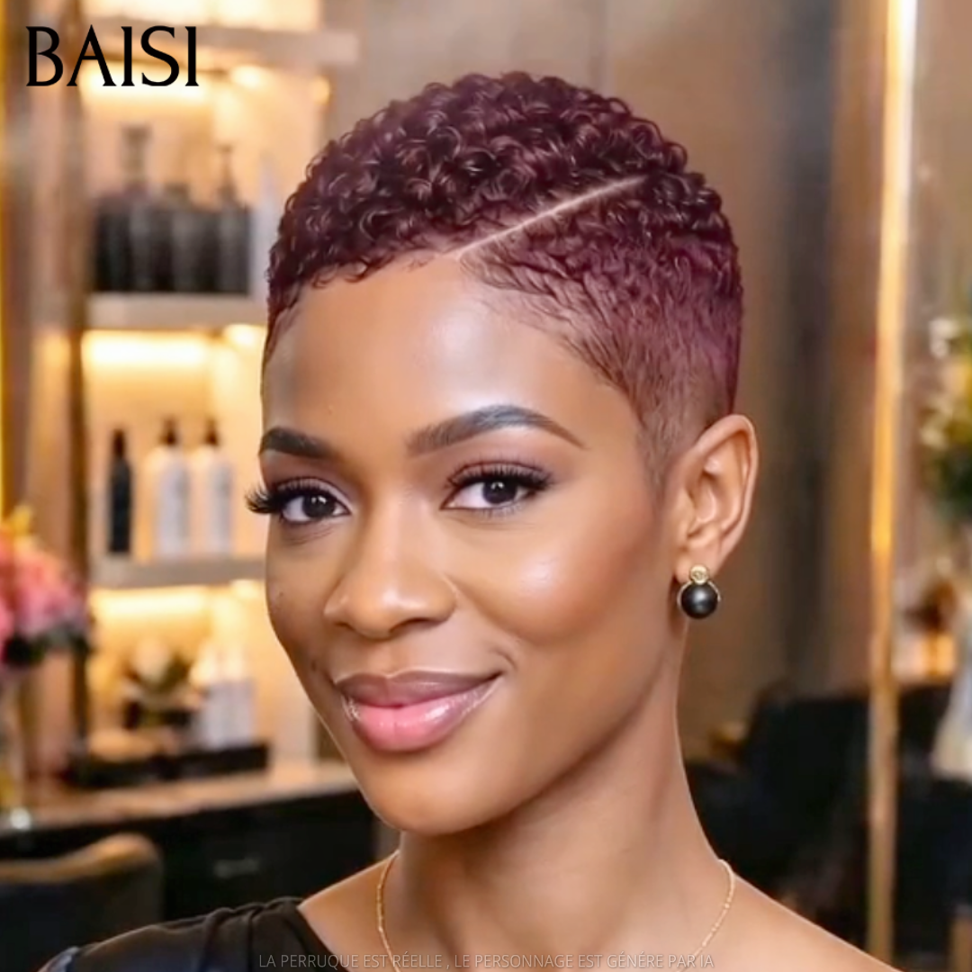 BAISI Full Lace Perruque Pixie Courte Afro Déjà Coiffée Couleur Bordeaux 99J 135€ Respirante et Super Chic en 100% Cheveux humains