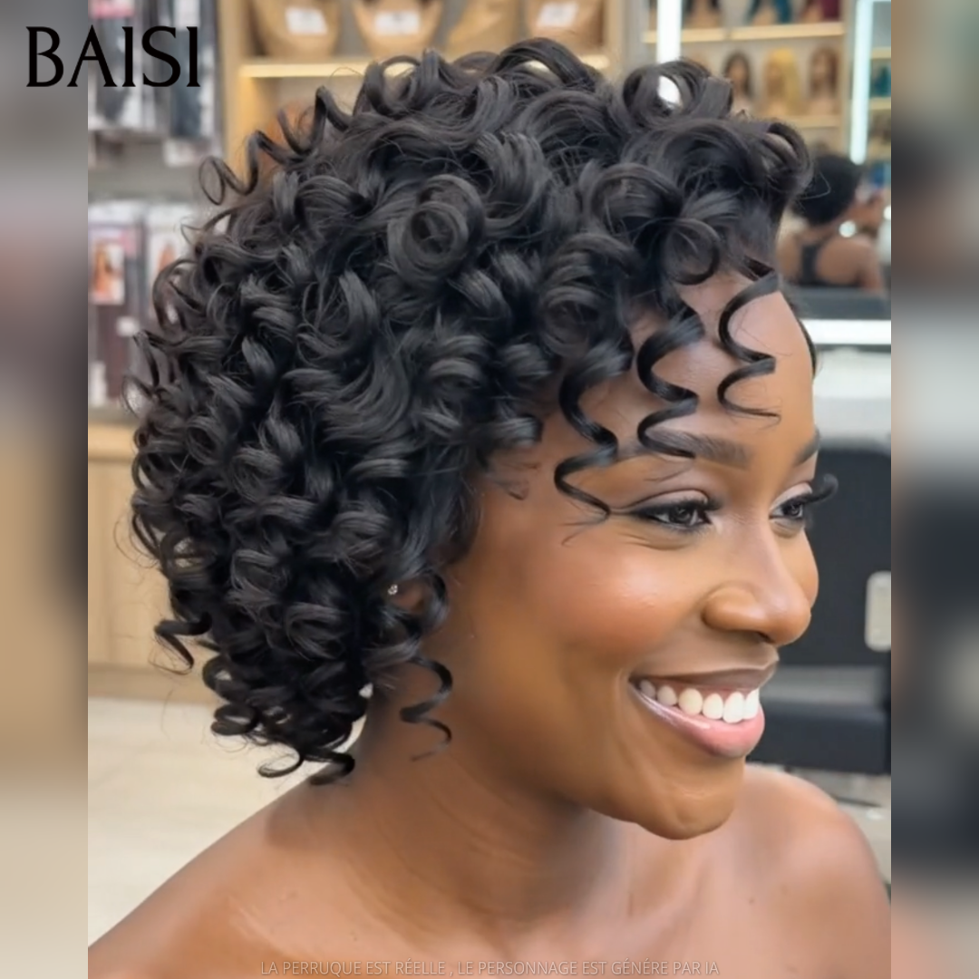 BAISI 13x4 Lace Perruque Pixie Wave CouleurNoir 1B# 89€ Boucle Rebondissante en 100% Cheveux humains