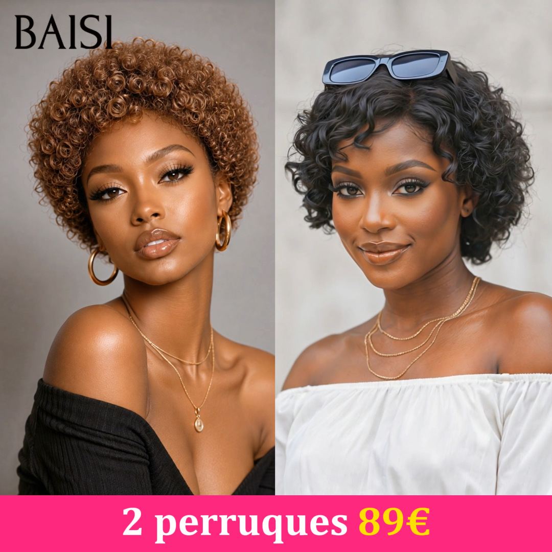 BAISI Lot de 2 Perruques Pixie Bouclée Marron et Noir 89€ Sans Colle Sans Lace Ultra Légère en 100% Cheveux humains
