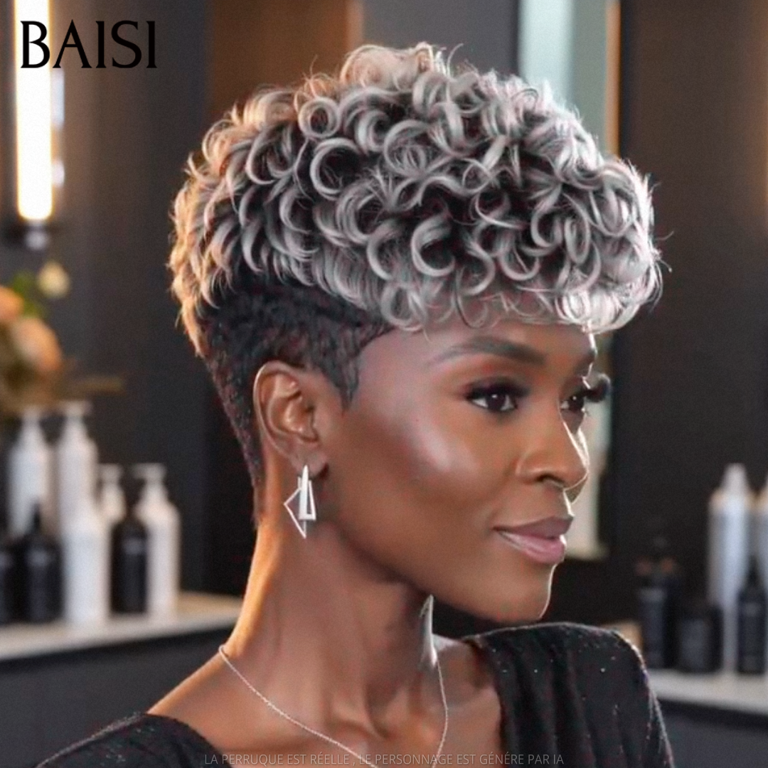 BAISI 7x5 Lace Perruque Pixie Wave Couleur 1B/Gris# 129€ Look Authentique en 100% Cheveux humains