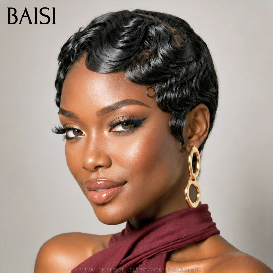 BAISI 13X4 Short Pixie Finger Wave Wig in Pink Color €88 In 100% Human Hair BS50