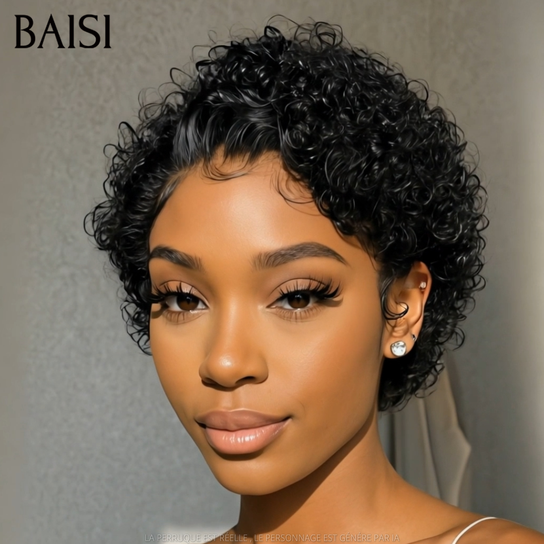 BAISI peruca em cor 1B estilo pixie cacheado ondulado com frontal lace 13x4 em França em 100% cabelo humano