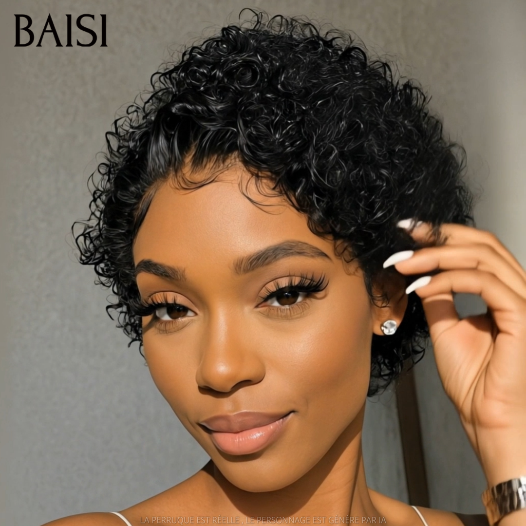 BAISI peruca em cor 1B estilo pixie cacheado ondulado com frontal lace 13x4 em França em 100% cabelo humano