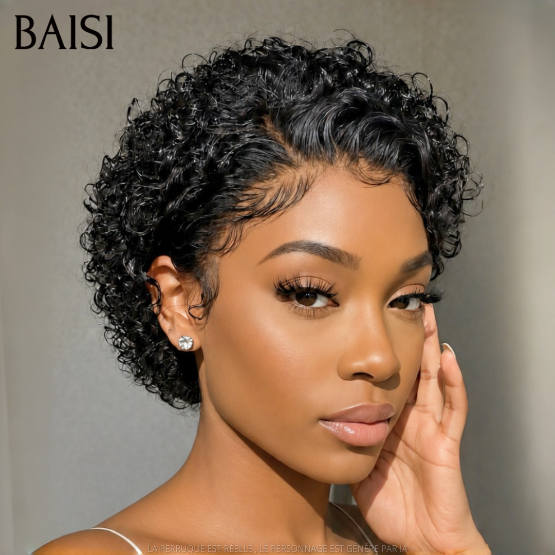 BAISI peruca em cor 1B estilo pixie cacheado ondulado com frontal lace 13x4 em França em 100% cabelo humano