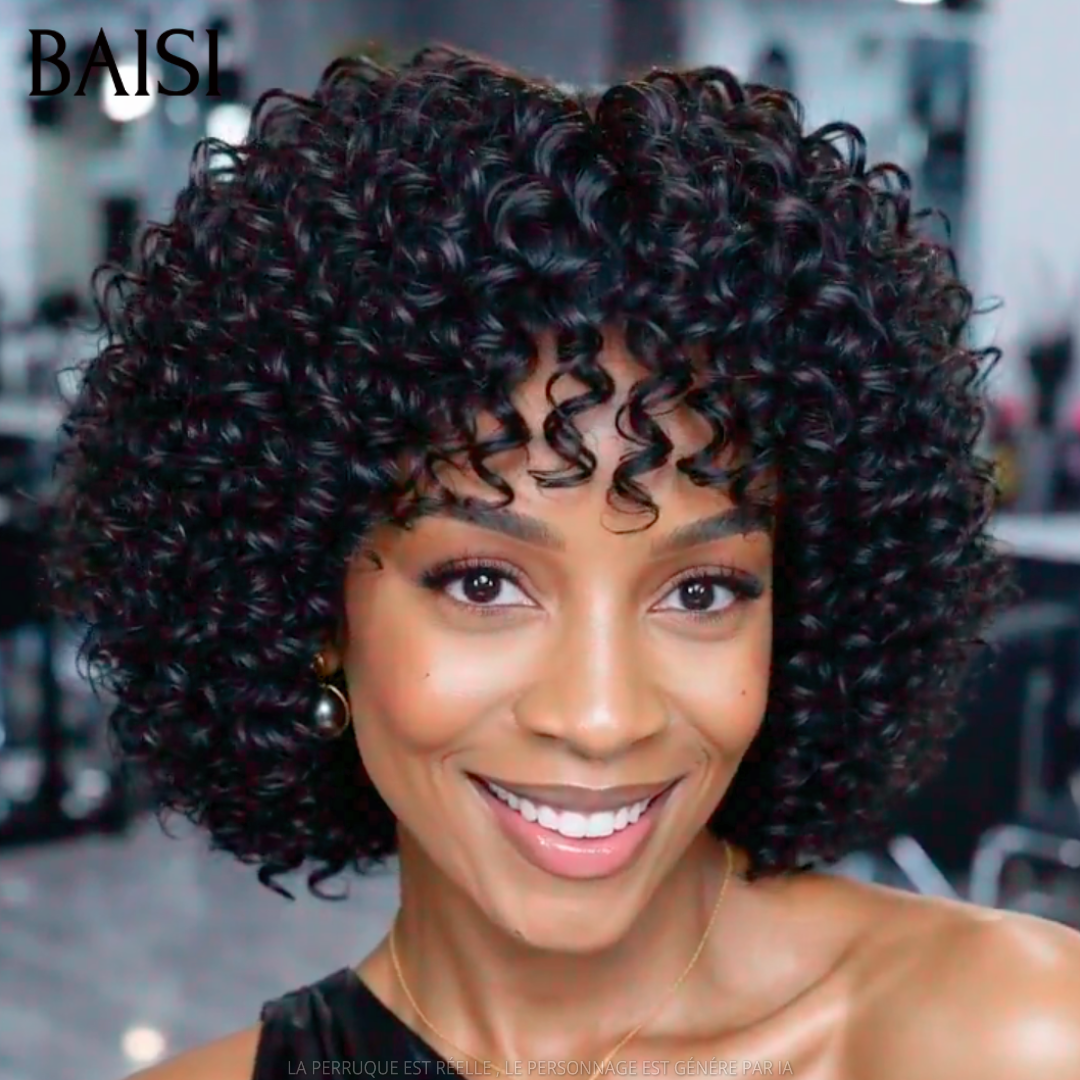 BAISI Perruque Pixie Courte Curly Couleur Noir 60€ Sans Colle Sans Lace Très Bonne Qualité en 100% Cheveux humains