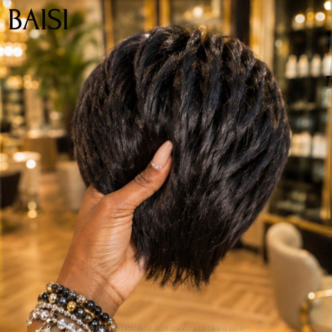 BAISI Collection Perucas Sal e Pimenta pixie liso cinzento, sofisticação, elegância madura e natural, estilo parisiense intemporal em 100% Cabelo Humano ou pixie PRETO 45€ BS30