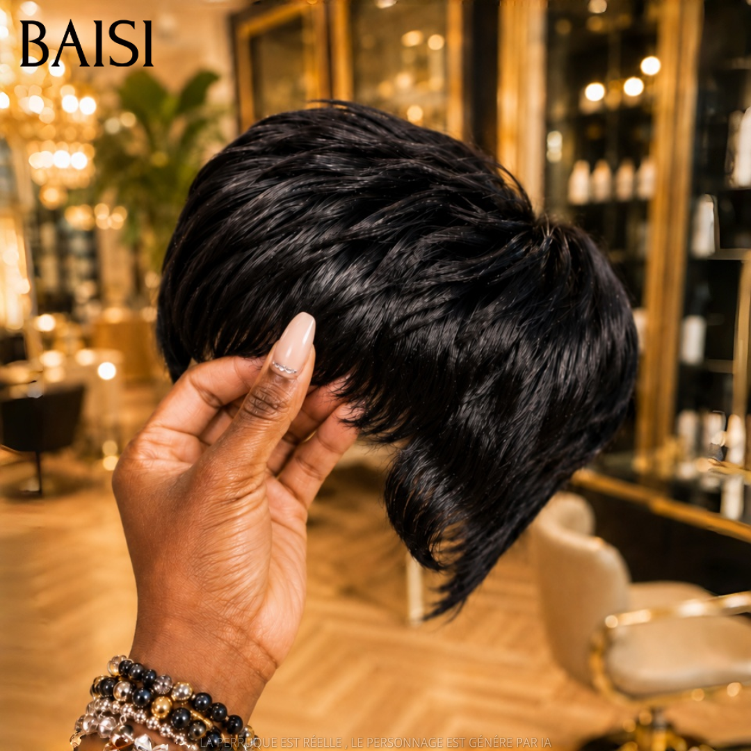BAISI Collection Perucas Sal e Pimenta pixie liso cinzento, sofisticação, elegância madura e natural, estilo parisiense intemporal em 100% Cabelo Humano ou pixie PRETO 45€ BS30