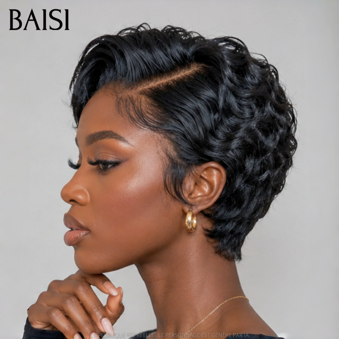 BAISI 13x4 Frontal Peruca pixie lisa preta 68€ em França em 100% cabelo humano verdadeiro