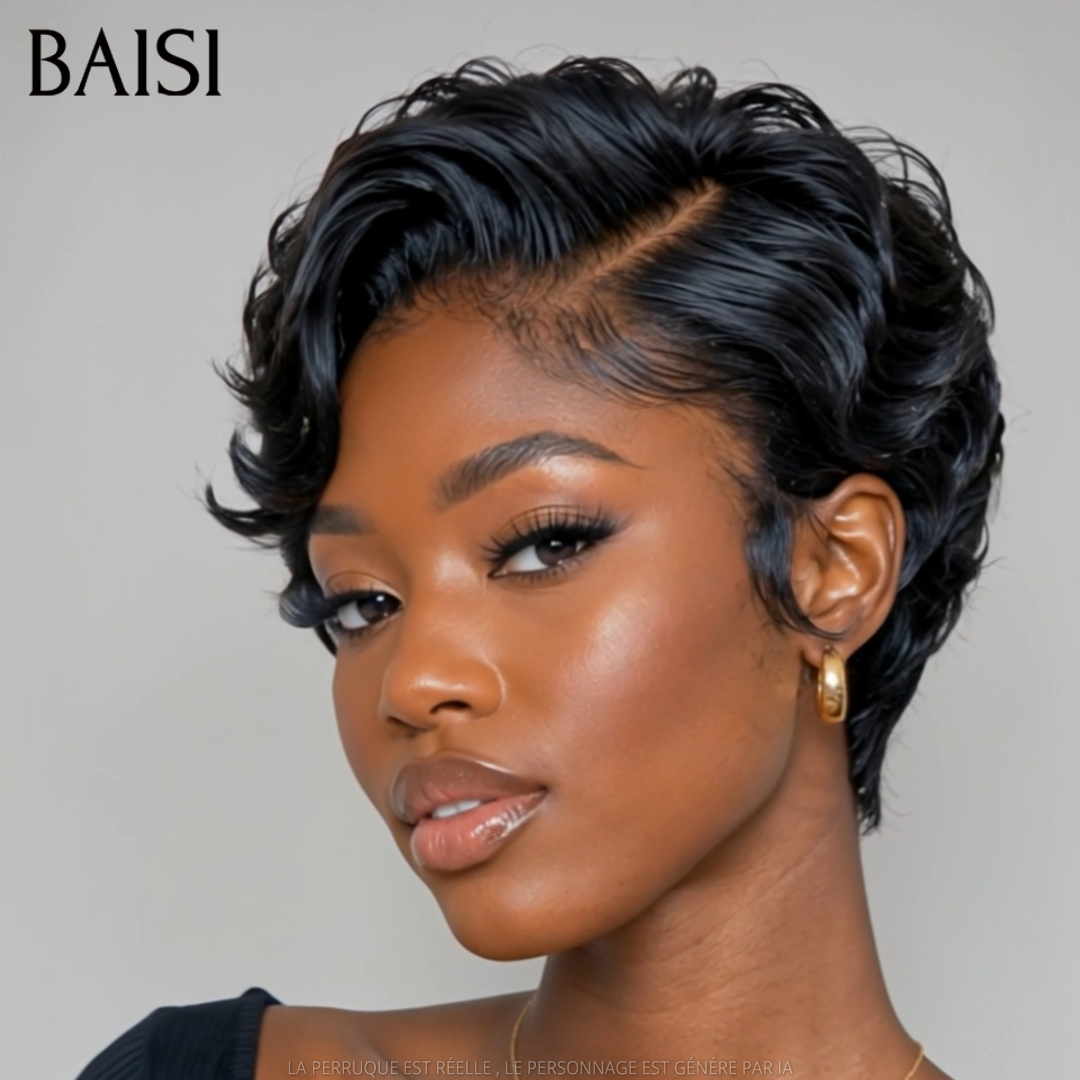 BAISI 13x4 Frontal Peruca pixie lisa preta 68€ em França em 100% cabelo humano verdadeiro