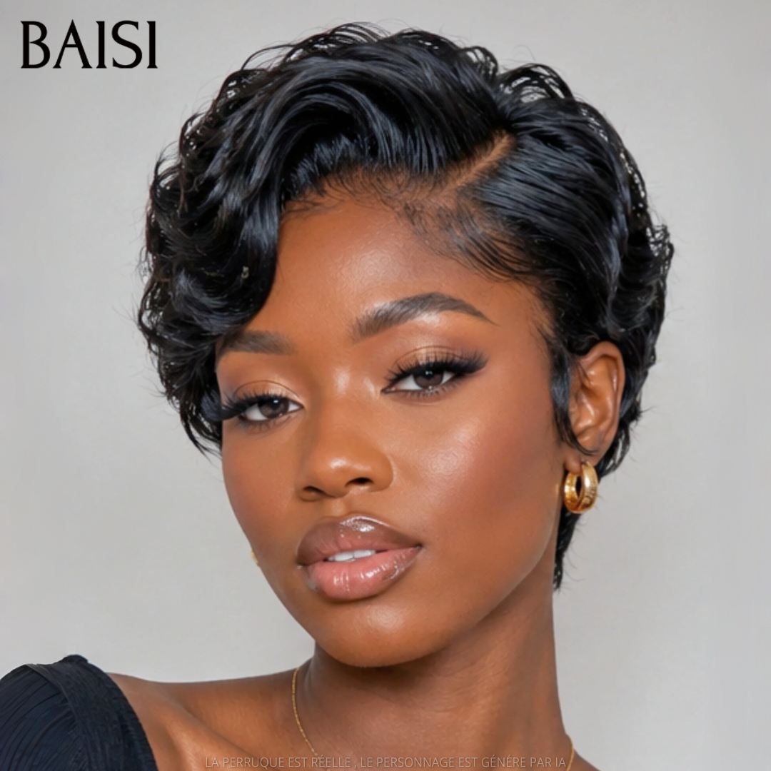 BAISI 13x4 Frontal Peruca pixie lisa preta 68€ em França em 100% cabelo humano verdadeiro