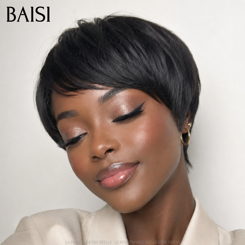 BAISI Perruque Pixie Petite Coupe Lisse Noir 1B# 49€ Sans Colle Sans Lace 100% Identique Meilleure Vente en 100% Cheveux humains