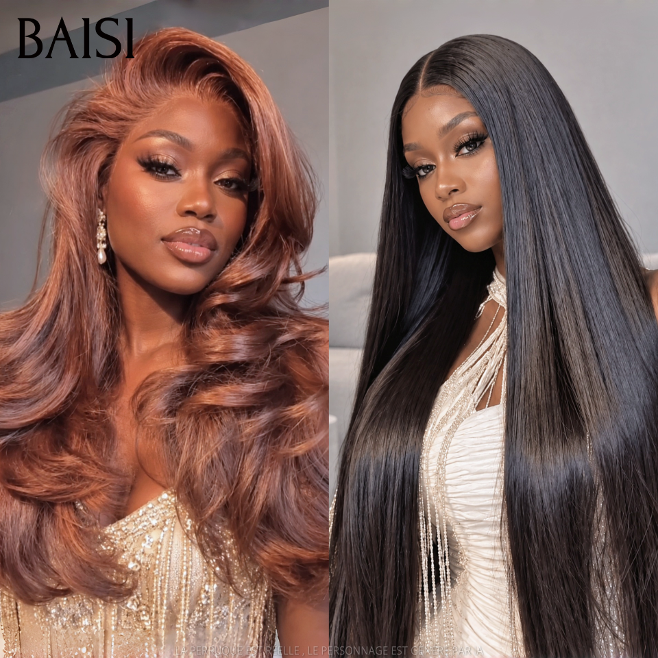 BAISI Conjunto de 2 perucas 20 polegadas 189€ preço acessível para revenda: 1 peruca lisa cor preta + 1 peruca body wave cor castanha em 100% cabelo humano