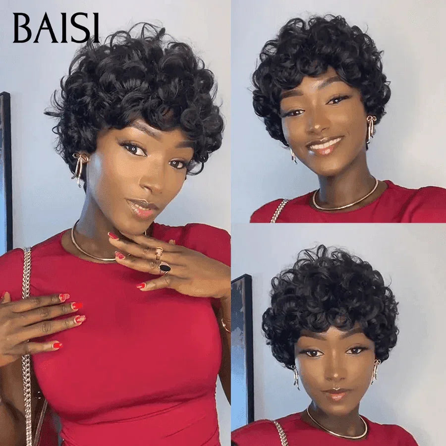 BAISI 13X4 Lace Frontal Peruca Pixie Castanha 4# 68€ e Peruca Pixie Finger Wave corte curto feito à máquina 49€ em 100% cabelo humano