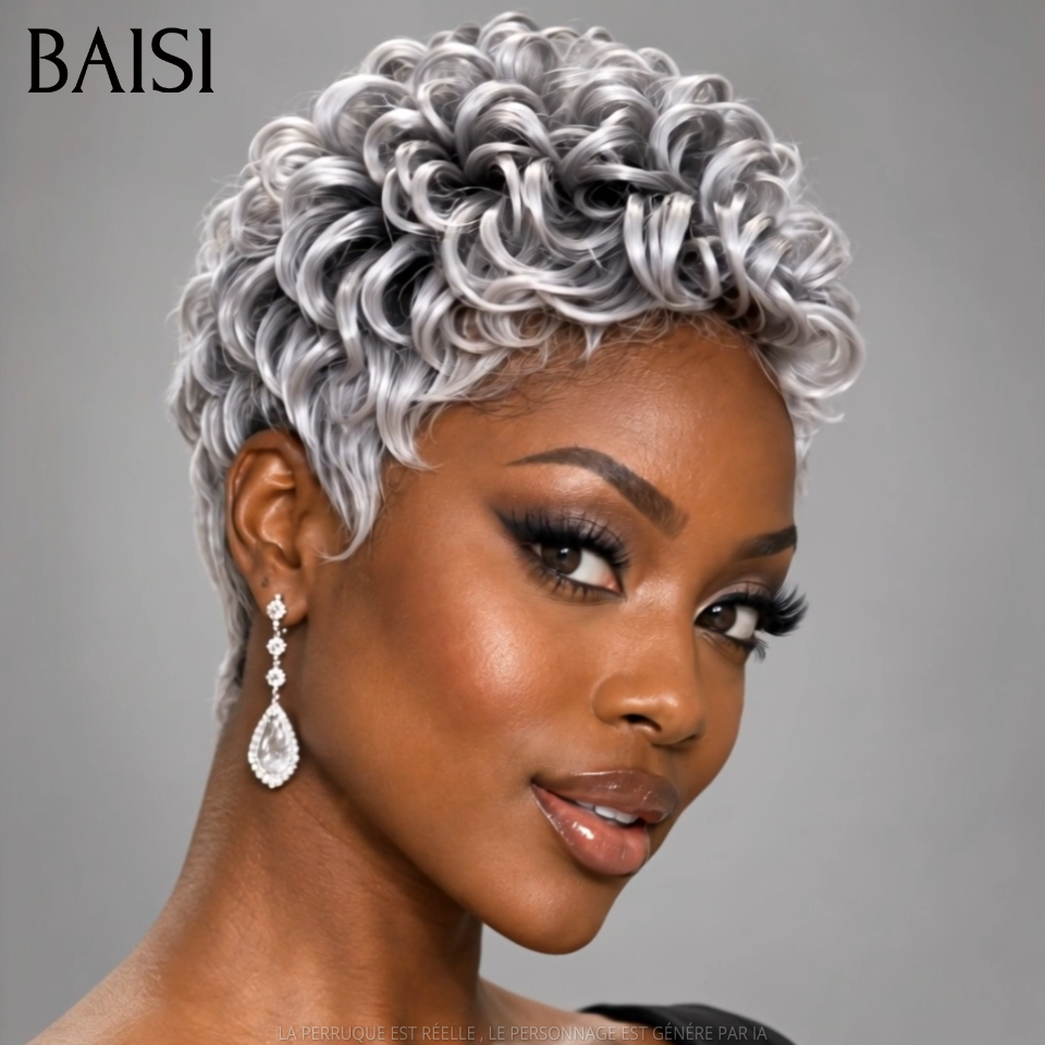 BAISI Perruque Pixie Wave Courte Couleur Gris# 89€ Sans Colle Sans Lace Pratique Au Quotidien de Grand Mère en 100% Cheveux humains