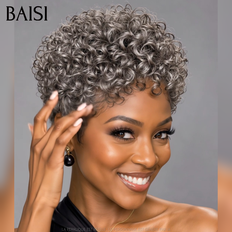 BAISI Perruque Pixie Curly Wave Couleur Gris# 89€ Sans colle Sans Lace Coiffure Rajeûnissante Très Bonne qualité en 100% Cheveux humains