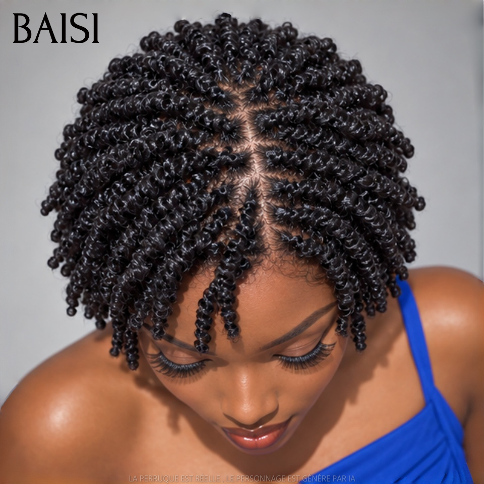 BAISI Peruca Full Lace 189€ 100% Cabelo Natural Peruca Pixie corte curto, risca lateral com trança, na cor preta em 100% cabelo humano