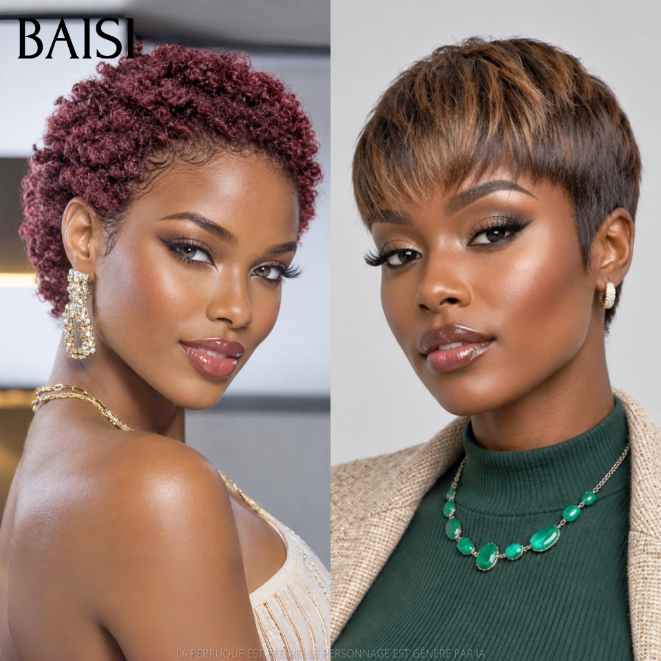 BAISI 2 Pixie Courte 78€ Sans Colle Marron et Bordeaux en 100% Cheveux Humains