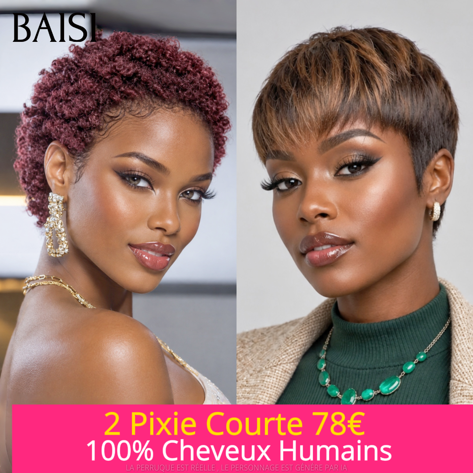 BAISI 2 Pixie Courte 78€ Sans Colle Marron et Bordeaux en 100% Cheveux Humains