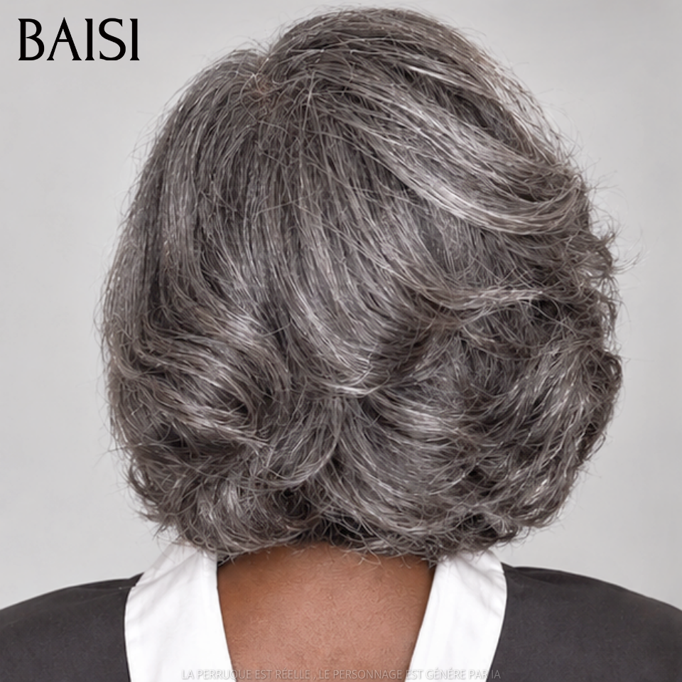 BAISI Collection Sal e Pimenta 13X4 Peruca 95€ Bob Encaracolado Liso Preto Mesclado Cinzento Pré-despontado Sem Necessidade de Cola em 100% Raw Hair Lace já Cortado