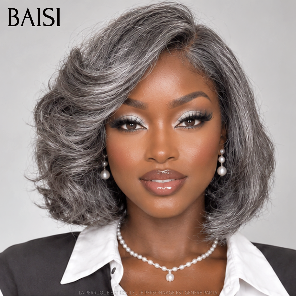 BAISI Collection Sal e Pimenta 13X4 Peruca 95€ Bob Encaracolado Liso Preto Mesclado Cinzento Pré-despontado Sem Necessidade de Cola em 100% Raw Hair Lace já Cortado