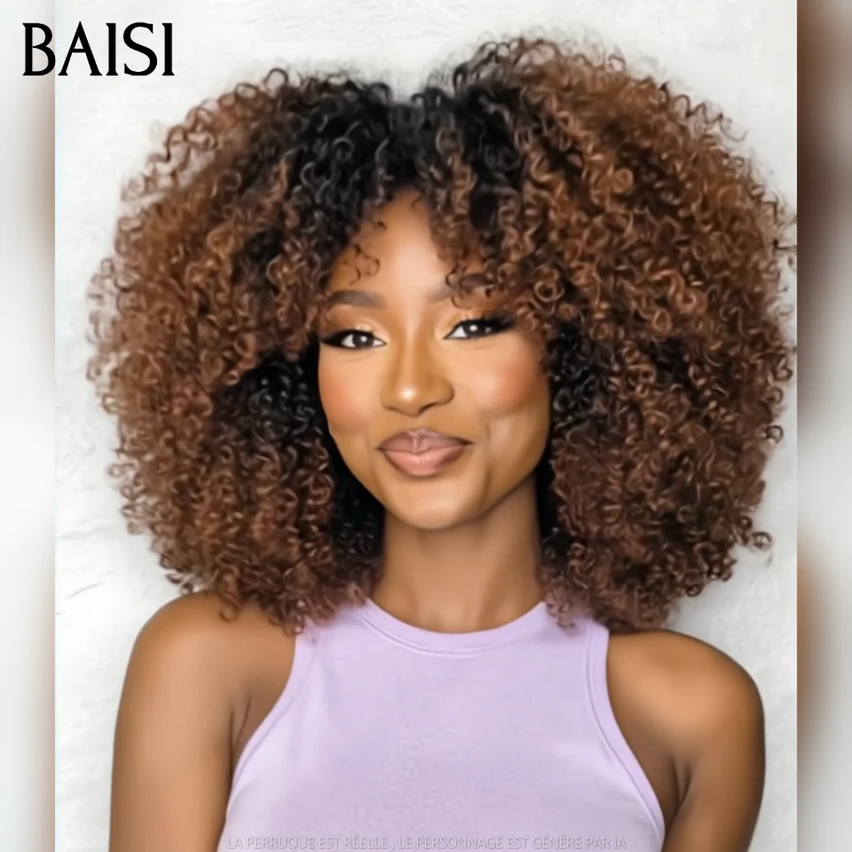 BAISI Perruque 100% identique BOB Prêt-à-porter kinky curly avec Frange 14 Pouces 400% Volume Super ébouriffée couleur Marron 1BT4# sans Colle Aéré sans être chaud en 100% Cheveux Humains
