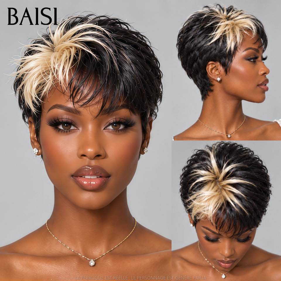 BAISI PROMO MOITIE PRIX 13x4 Lace Perruque Pixie Courte Toute Coiffée Couleur Noir et Blonde 1B/613# Nouvelle Tendance Très A la Mode en 100% Cheveux humains MP50