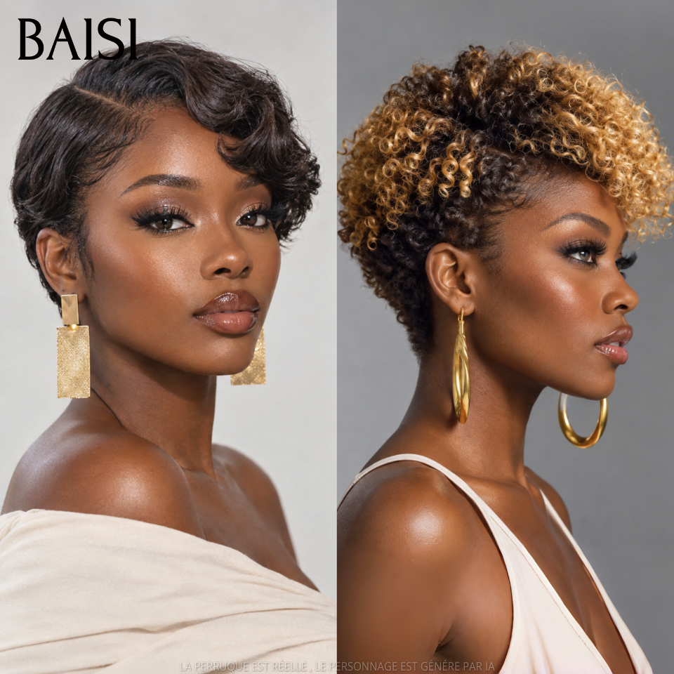 BAISI pour revendre 2 perruques 88€ 13x4 lace pixie Lisse NOIR et sans Colle curly wave Miel en 100% vrais cheveux humains