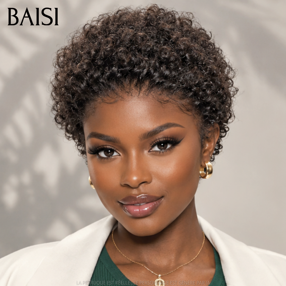 BAISI pixie afro encaracolado preto sem lace, feito à máquina, 40€ Metade do Preço ou frontal lace afro 13x4 em 100% cabelo humano MP50