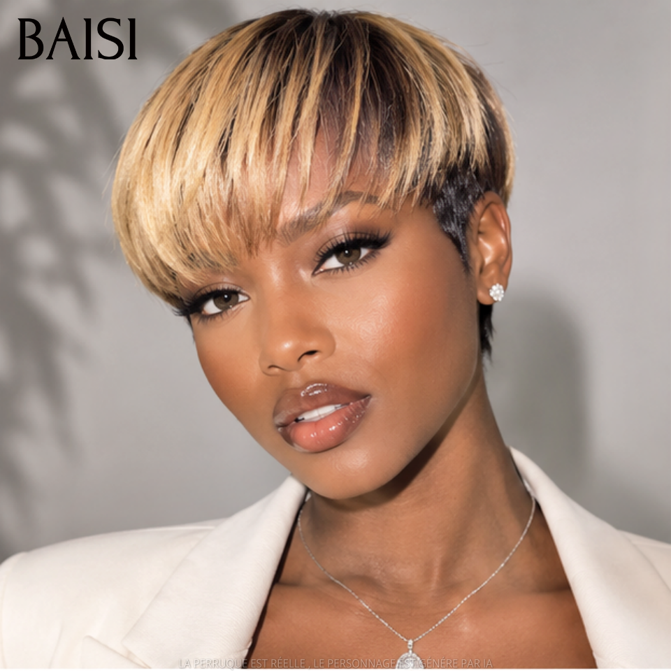 BAISI Perruque Pixie Lisse petite coupe fabriqué à la machine moitié prix 65€ en couleur 1B#4#/27# En 100% Cheveux Humains MP50
