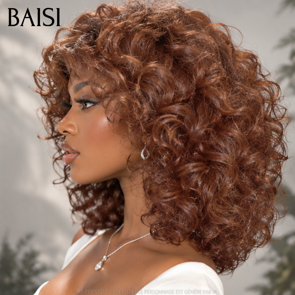 BAISI Perruques bouclé egg Wave avec Frange Marron 300% densité sans Colle Fabriqué à la Machine en 100% Cheveux Humains